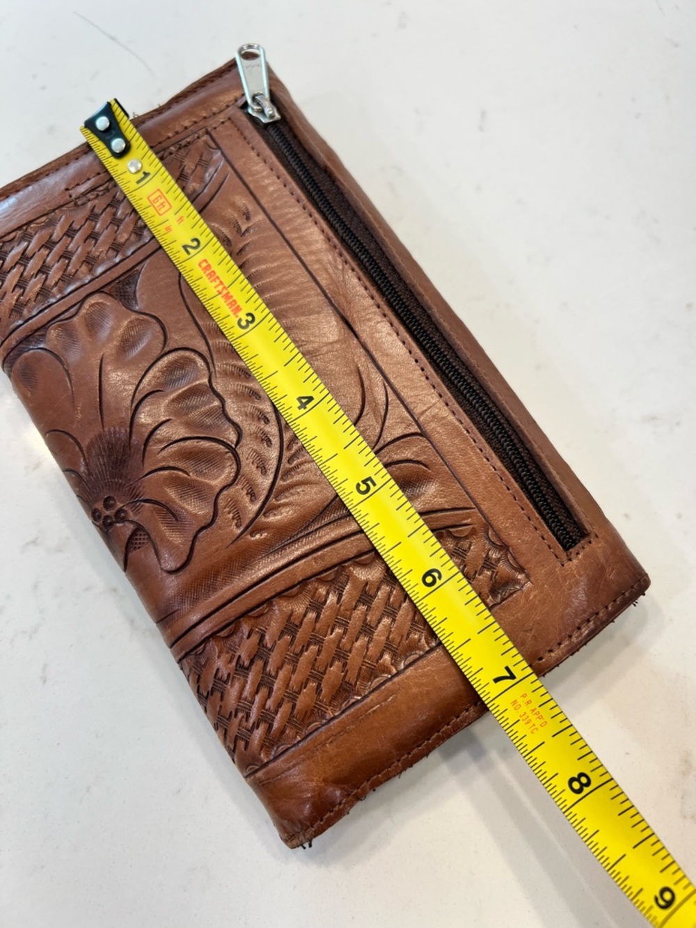 Hand-Tooled Tan Leather Wallet Clutch with Decorative Silver Concho - Picture 9 of 10